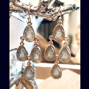SILVE ICY DRUZY DROP EARRINGS CHANDELIER SURROUNDED BY GOLD  3 TIERED EARRINGS